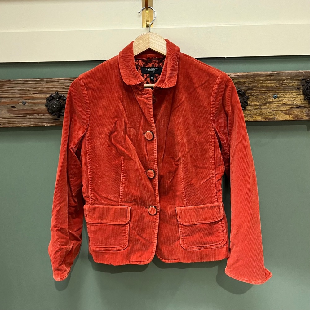 Talbots Womens 10P Burnt Orange Corduroy 3-Button Blazer Jacket Peter Pan Collar